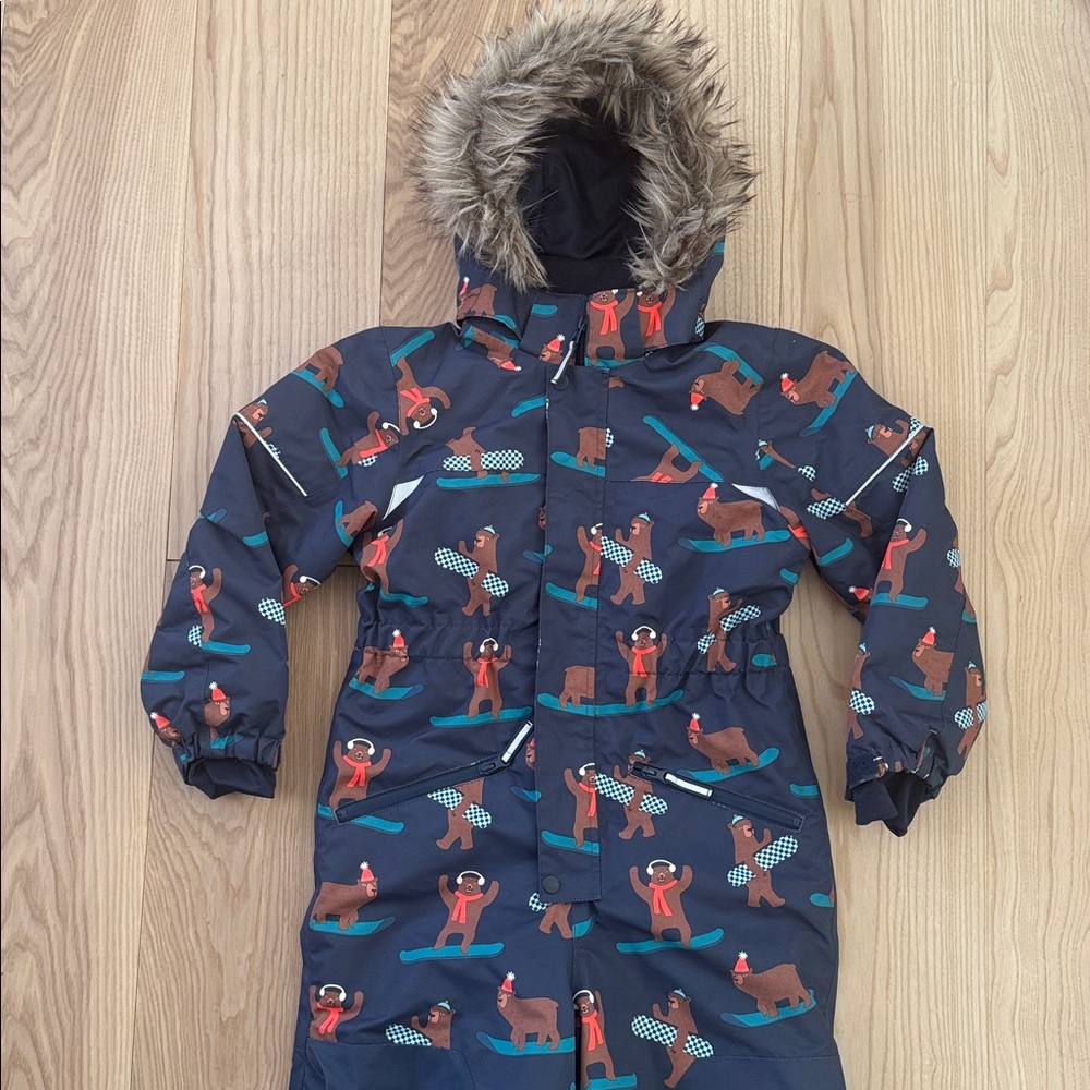 H&M Navy Snowsuit with Snowboarding Bear Print - Size 6x/7 - like new